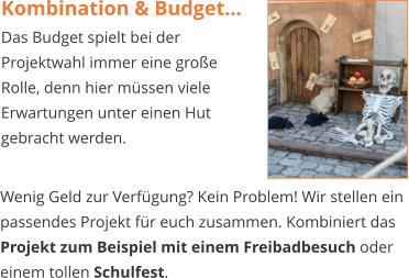 Kombination & Budget... Das Budget spielt bei der Projektwahl immer eine große Rolle, denn hier müssen viele Erwartungen unter einen Hut gebracht werden.   Wenig Geld zur Verfügung? Kein Problem! Wir stellen ein passendes Projekt für euch zusammen. Kombiniert das   Projekt zum Beispiel mit einem Freibadbesuch oder einem tollen Schulfest.