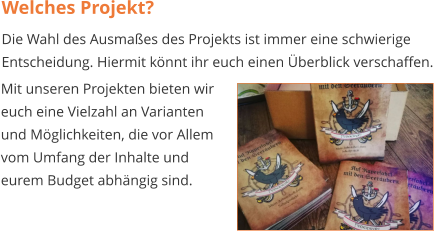 Welches Projekt? Die Wahl des Ausmaßes des Projekts ist immer eine schwierige Entscheidung. Hiermit könnt ihr euch einen Überblick verschaffen.  Mit unseren Projekten bieten wir  euch eine Vielzahl an Varianten  und Möglichkeiten, die vor Allem  vom Umfang der Inhalte und  eurem Budget abhängig sind.