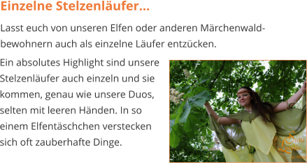 Einzelne Stelzenläufer... Lasst euch von unseren Elfen oder anderen Märchenwald- bewohnern auch als einzelne Läufer entzücken.   Ein absolutes Highlight sind unsere Stelzenläufer auch einzeln und sie  kommen, genau wie unsere Duos,  selten mit leeren Händen. In so einem Elfentäschchen verstecken sich oft zauberhafte Dinge.